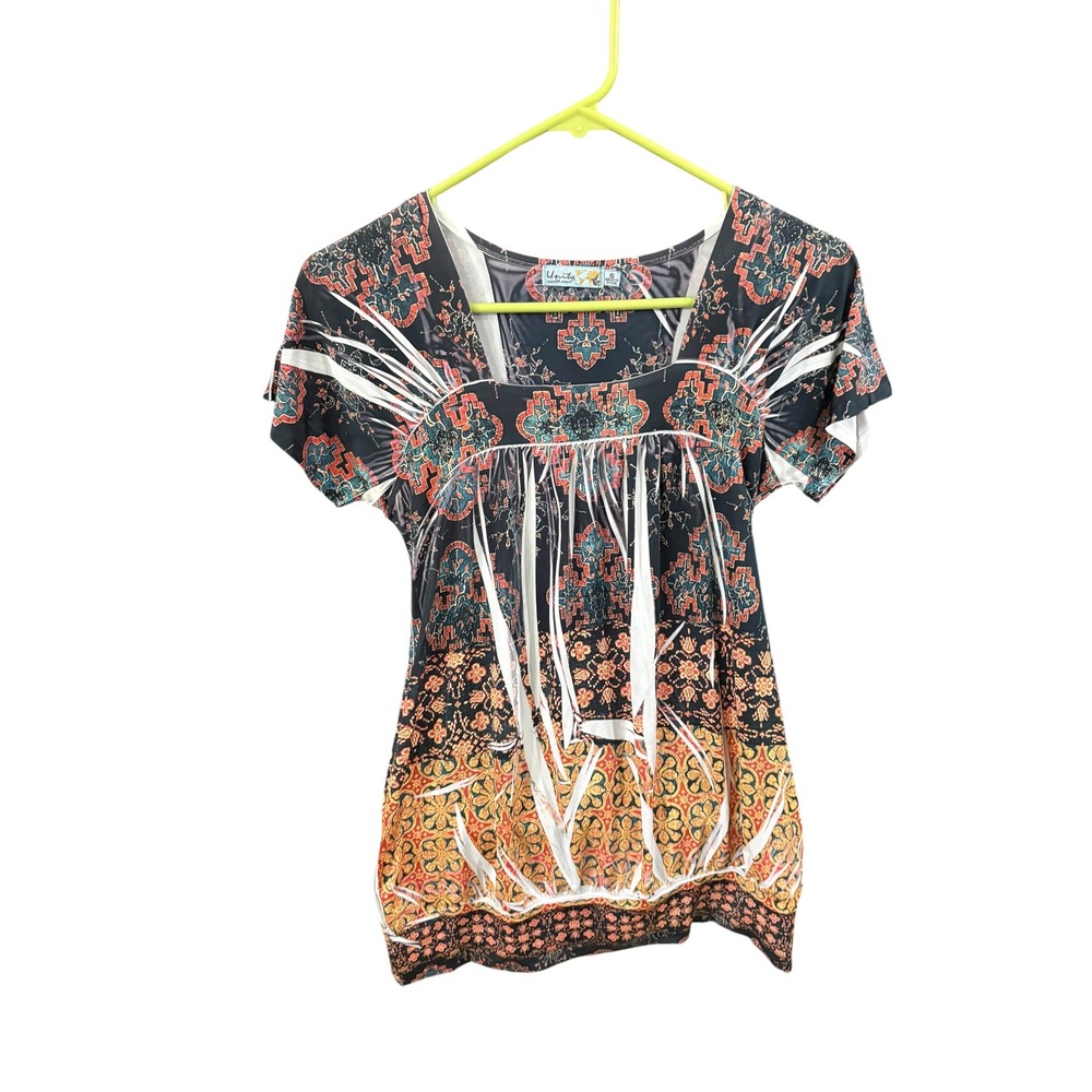 Unity World Wear Womens Boho Geometric Print Square Neck Babydoll‎ Top Black Sm